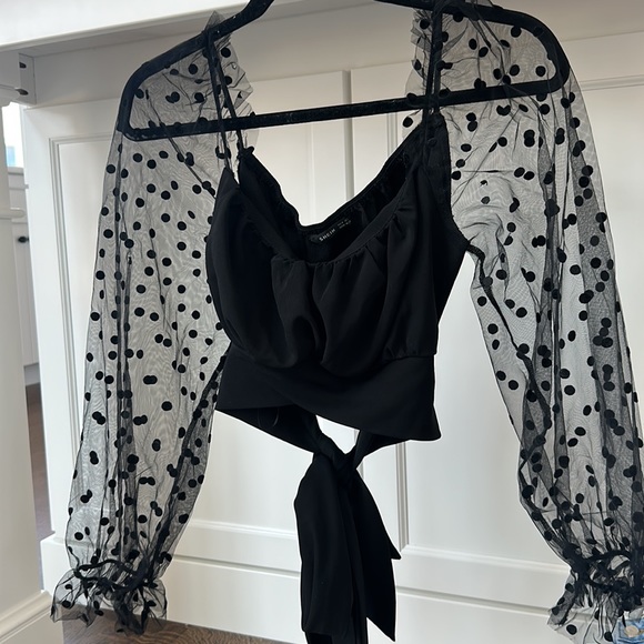 SHEIN - Dobby Mesh Sleeve Ruched Bust Tie Back Top - Picture 3 of 4